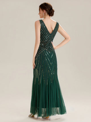 Commercial Sleeveless High Stretch Fishtail Beaded V-Neck Evening Dresses