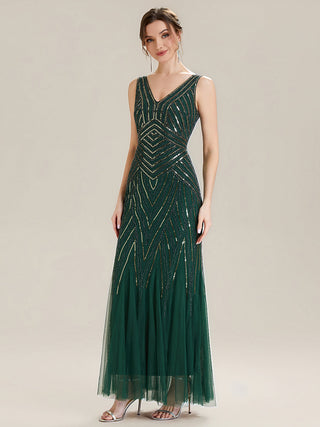 Commercial Sleeveless High Stretch Fishtail Beaded V-Neck Evening Dresses