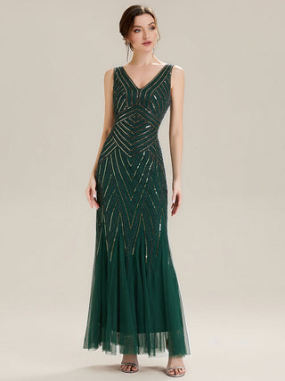 Commercial Sleeveless High Stretch Fishtail Beaded V-Neck Evening Dresses