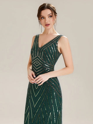 Commercial Sleeveless High Stretch Fishtail Beaded V-Neck Evening Dresses