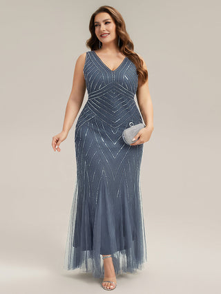 Commercial Sleeveless High Stretch Fishtail Beaded V-Neck Evening Dresses