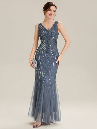 Commercial Sleeveless High Stretch Fishtail Beaded V-Neck Evening Dresses