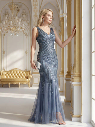 Commercial Sleeveless High Stretch Fishtail Beaded V-Neck Evening Dresses