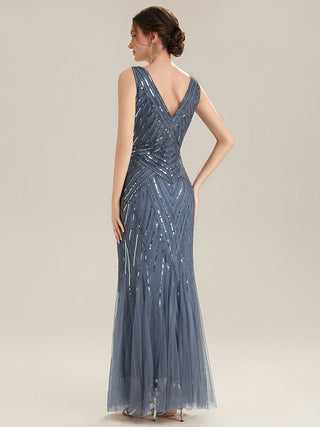 Commercial Sleeveless High Stretch Fishtail Beaded V-Neck Evening Dresses