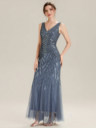 Commercial Sleeveless High Stretch Fishtail Beaded V-Neck Evening Dresses