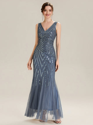 Commercial Sleeveless High Stretch Fishtail Beaded V-Neck Evening Dresses