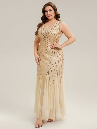 Commercial Sleeveless High Stretch Fishtail Beaded V-Neck Evening Dresses