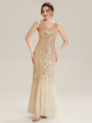 Commercial Sleeveless High Stretch Fishtail Beaded V-Neck Evening Dresses