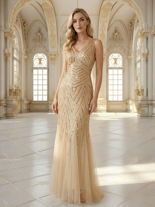 Commercial Sleeveless High Stretch Fishtail Beaded V-Neck Evening Dresses