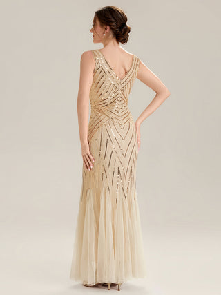 Commercial Sleeveless High Stretch Fishtail Beaded V-Neck Evening Dresses