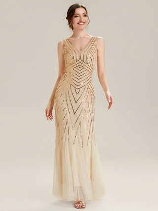 Commercial Sleeveless High Stretch Fishtail Beaded V-Neck Evening Dresses