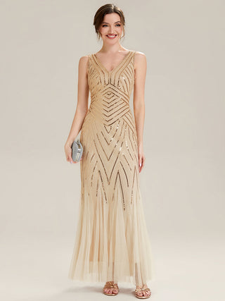Commercial Sleeveless High Stretch Fishtail Beaded V-Neck Evening Dresses