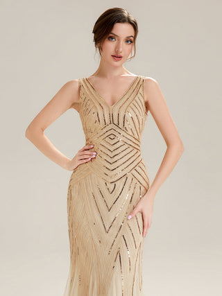 Commercial Sleeveless High Stretch Fishtail Beaded V-Neck Evening Dresses