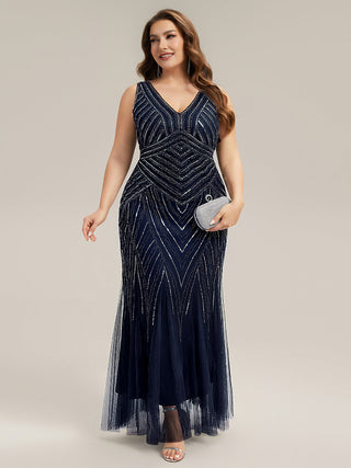 Commercial Sleeveless High Stretch Fishtail Beaded V-Neck Evening Dresses