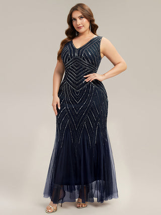 Commercial Sleeveless High Stretch Fishtail Beaded V-Neck Evening Dresses