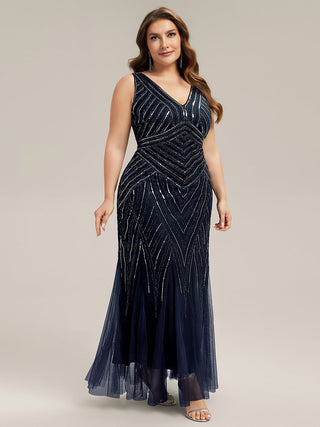Commercial Sleeveless High Stretch Fishtail Beaded V-Neck Evening Dresses