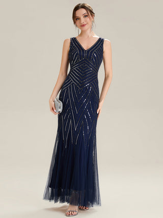 Commercial Sleeveless High Stretch Fishtail Beaded V-Neck Evening Dresses