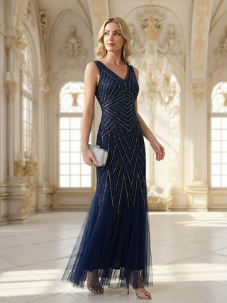 Commercial Sleeveless High Stretch Fishtail Beaded V-Neck Evening Dresses