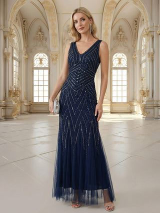 Commercial Sleeveless High Stretch Fishtail Beaded V-Neck Evening Dresses