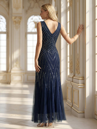 Commercial Sleeveless High Stretch Fishtail Beaded V-Neck Evening Dresses