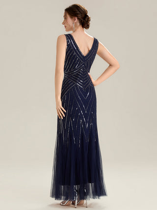 Commercial Sleeveless High Stretch Fishtail Beaded V-Neck Evening Dresses