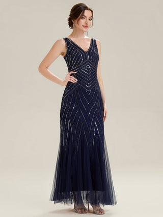 Commercial Sleeveless High Stretch Fishtail Beaded V-Neck Evening Dresses