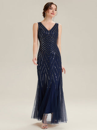 Commercial Sleeveless High Stretch Fishtail Beaded V-Neck Evening Dresses