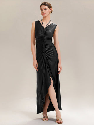 Sleeveless V-Neck High Stretch Bodycon Maxi Dress with Ruffles Evening Dresses