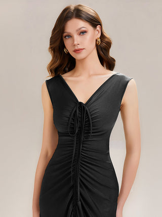 Sleeveless V-Neck High Stretch Bodycon Maxi Dress with Ruffles Evening Dresses