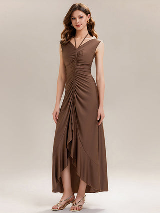 Sleeveless V-Neck High Stretch Bodycon Maxi Dress with Ruffles Evening Dresses