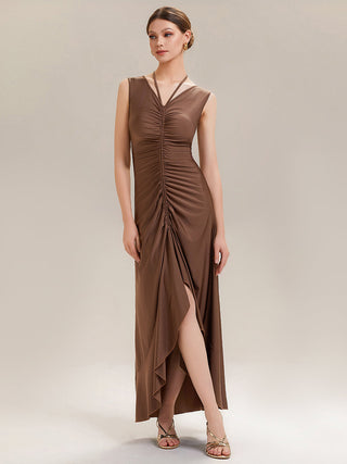 Sleeveless V-Neck High Stretch Bodycon Maxi Dress with Ruffles Evening Dresses