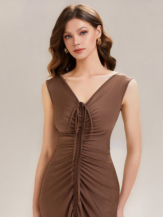 Sleeveless V-Neck High Stretch Bodycon Maxi Dress with Ruffles Evening Dresses