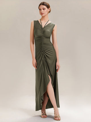 Sleeveless V-Neck High Stretch Bodycon Maxi Dress with Ruffles Evening Dresses