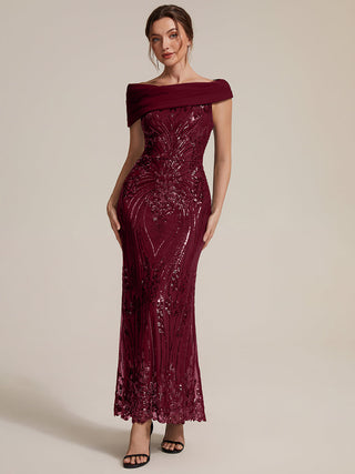 Sequined Off-Shoulder Crepe Maxi Evening Dress