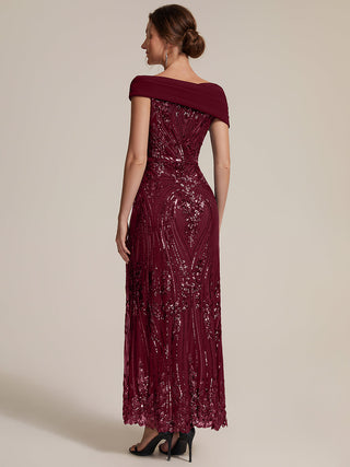 Sequined Off-Shoulder Crepe Maxi Evening Dress