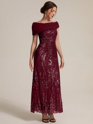Sequined Off-Shoulder Crepe Maxi Evening Dress