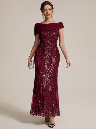 Sequined Off-Shoulder Crepe Maxi Evening Dress