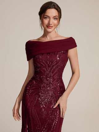 Sequined Off-Shoulder Crepe Maxi Evening Dress