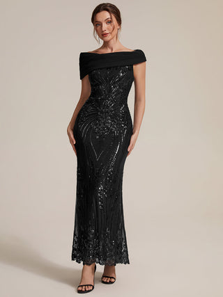Sequined Off-Shoulder Crepe Maxi Evening Dress