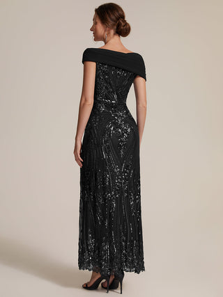 Sequined Off-Shoulder Crepe Maxi Evening Dress