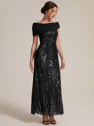 Sequined Off-Shoulder Crepe Maxi Evening Dress