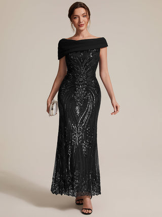 Sequined Off-Shoulder Crepe Maxi Evening Dress