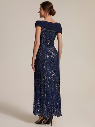 Sequined Off-Shoulder Crepe Maxi Evening Dress