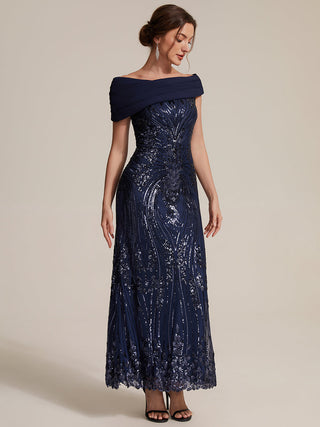 Sequined Off-Shoulder Crepe Maxi Evening Dress