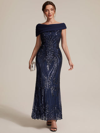 Sequined Off-Shoulder Crepe Maxi Evening Dress