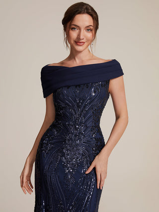 Sequined Off-Shoulder Crepe Maxi Evening Dress