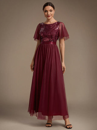 Plus Size Ruffle Sleeve Tulle Sequin A-Line Round Neck Evening Dresses