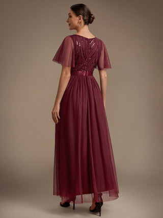 Plus Size Ruffle Sleeve Tulle Sequin A-Line Round Neck Evening Dresses