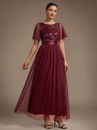 Plus Size Ruffle Sleeve Tulle Sequin A-Line Round Neck Evening Dresses