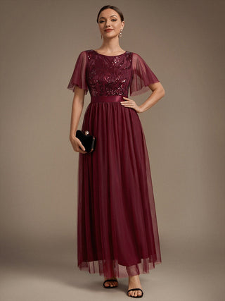 Plus Size Ruffle Sleeve Tulle Sequin A-Line Round Neck Evening Dresses